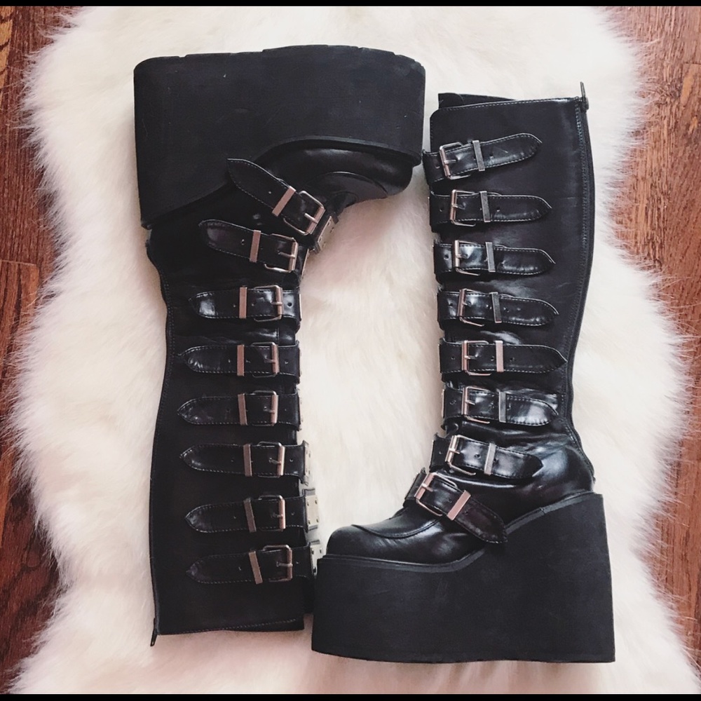 Demonia Black Platform Knee High Boots W/ Buckles